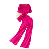 Fongt Suit Goddess Fan Irregularly Round Neck Knitted Top Two Sets Of High-Rise Thin Broad Leg Trousers