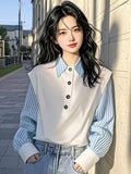 Fongt Year's Popular Explosion Super-Look Unique Beautiful Ocean Design Fake Two Blue Stripes Spliced Polo Shirt
