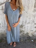 Fongt New Leisure Spring And Summer Loose Skirt Short-Sleeved V-Neck Solid Cotton Dress