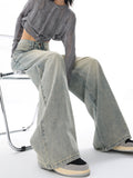 Fongt Light Blue Spring And Summer New Retro Jeans Female Loose Design Show Thin Floor Wide Leg Pants-Outfit