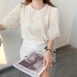Size Blusas Mujer Elegant Patchwork Crochet Women Shirt Ladies Lace Blouse Lantern Sleeve O-neck Collar Women Tops