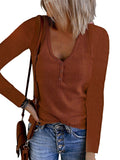 Fongt Autumn New Women's Button Vest Solid Color V-Neck Long-Sleeved T-Shirt Top