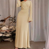 Fongt Temperament Micro-Trumpet Folded Cross Superimposed Tying Belt Girded Waist Dressing Spliced High-Waisted Dress