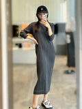 Fongt Folded New Denim Print Dress Women's Long Sleeves In The Long Fashion High-End Temperament Dress