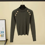 Sleeve O-neck High Quality Sweater Shirts With Decorated Buttons Girls Stretchy Crop Tops Autumn Sweaters Pullovers Women-Outfit