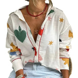 Fongt Long-Sleeved Shirt Print Fashion Cardigan Casual Top Collar 5010