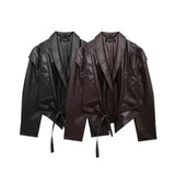 Fongt Homemade New Women's Fashionable Classic Neck With Belt Leather Coat