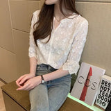 Spring New Stereoscopic Embroidered White Pure Cotton Blouse Floral Short Sleeve Woman's Shirt Fashion Lady's Shirt