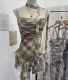 Fongt Shooting Round Neck Fluttering Dye Printing Irregular Lotus Leaf Side Mesh Slings Slings Sleeveless Top 1218