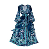 Fongt Court Lantern Long Sleeve V-Neck Belt With A Word Print Dress Elegant Swing Dress Long
