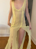 Sexy Mesh See Through Long Dress Fairycore Woman Ruffles Split Dress Y2K Backless Sundress Women Beach Boho Cover-Ups-Outfit