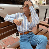 Blue and White striped Front Pockets Blouse Turn Down collar Long Sleeve Casual Shirts 2020 New Office Lady Women