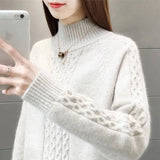 Mock Neck Ribbed Knitted Tops Women Casual Thick Warm Twist Sweaters Korean Basic All Match Bottoming Knitwear