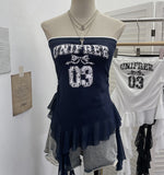 Fongt Shooting Retro Letter Print Bump Color Palette Vest Body Splicing Mesh Yarn With Hottie Top 8089