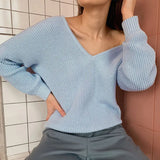 V Neck Blue Padded Knitted Pullover-Outfit