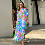 Fongt Summer High-Waisted Print Commuting Temperament Short-Sleeved Long Dress Women's Long Dress