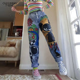 Cartoon Printed Jeans Atumn Winter Girls Harem Pant Trousers Single Breasted Pants Denim Female Hight Waist Denim