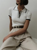 Fongt Short-Sleeved Collar Top 2024 Summer New Thread Tightness Temperament Knitted