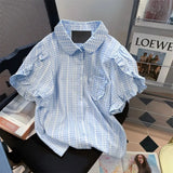 Sweet Blue Plaid Shirts Women Summer Vintage Puff Sleeve Ruffles Blouses Y2k Grunge Single Breasted Blusas Mujer-Outfit