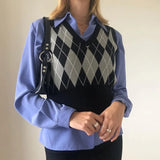 Y2K Crop Top Argyle Sweater Vest V Neck Sleeveless Tank Jumper Preppy Style Plaid Knitted Pullover Autumn Winter