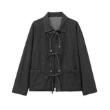 Fongt Women's Spring New Collar Bows Decorated With Long-Sleeved Pocket Wash Denim Shirt Pocket Design