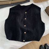 Fongt Line Single Row Small Gold Button Round Collar Knitted Vest Cardigan Woman Sleeveless Shoulder Vest Top