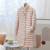 Light Down Jacket Female Medium Long Round Collar Fashion Coat With V-Neck Warm Large Size Inner Bladder Coat Tide-Outfit