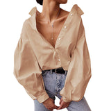 Women Solid Color Blouses, Lapel Neck Lantern Sleeve Buttons Shirts, Spring Fall Tops Daily