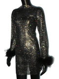 Bling Mesh Feathers Rhinestone Women Dress Long Sleeves Diamond Fishnet Hollow Out See Through Evening Party