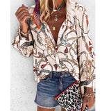 New Design Plus Size Women Blouse V-neck Long Sleeve Chains Print Loose casual Shirts Womens Tops And