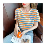 Fongt Summer New Round Collar Short-Sleeved Women's T-Shirt Embroidery Fashion Korean Version Loose And Versatile Age Reduction Stripes On Clothes
