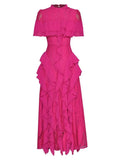 QUALITY 2023 Newest Fashion Runway Designer Women's Round Neck Short Sleeve Hollow out Ruffled Long