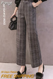 Classic Plaid Tweed Pants Women Vintage Wool Straight Elastic Waist Trousers Fashion Casual Fall Office Lady