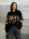 Fongt Leopard-Print Sweater Languid Wind Collar Loose-Fitting Fashion Casual Wear Autumn And Winter Top Woman