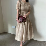 2022 New Fashion Korean Chic Summer Dress Elegant Temperament Lace Hollow Out Puff Sleeve High Waist Mid-Calf