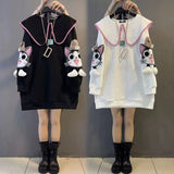 Japanese Cute Cat Embroidery Peter Pan Collar Oversized Sweatshirt Students Girls Black White Pullover Korean Kawaii Clothes-Outfit
