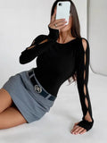 Fongt Women's Casual Long-Sleeved Round-Neck Solid-Colored Hollow T-Shirt