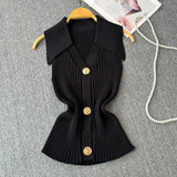 Fongt Fragrant Knitted Vest Women's Summer Thin Design Sense Niche POLO Collar Thin Short Chic Hanging Neck Top