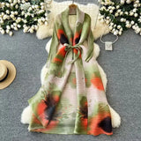 Fongt Dress Women's Fashion Collared Belt Long Pressured Folding Printing Jacket