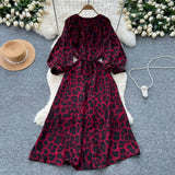 Fongt Retro Niche Print Dress Woman 2025 Autumn Strap To The Waist Round Lantern Sleeves Thin Dress