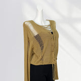Fongt And After Two Wear Sand Dune Waste Wind Top Hole Long Sleeve T-Shirt Hollow See-Through Blouse Rope Tie Tie Girl-Outfit
