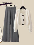 Knit Sets Womens Outfits French Vintage Square Collar Knitted Sweater And Wide Leg Pants Two Pieces Sets Office Lady