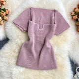 Fongt Spice Sister Wind Short T Shirt Short Sleeve Design Sense Small Square Collar Machine Dew Collarbone Crop Sweater Jacket Female-Outfit