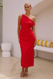 Fongt Spring And Summer New Solid Color Inclined Shoulder Open Shoulder Sexy Medium Long Dress 88112-Outfit