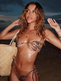 Tiger Stripe Bikini Set Off Shoulder Tank Top and Triangle Pants Bathing Suit Women 2023 Summer Beach Swimwear