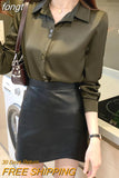Women's Silk Shirts V-neck Solid Laides Tops Womens 2023 Spring Fashion Satin Long Sleeve Blouses Button Up White OL Vintage