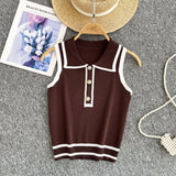 Fongt Style Striped Knitted Sleeveless Vest Women's Summer Collar Slimming Design Chic Beautiful Little Man Top
