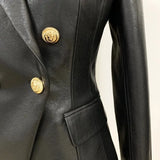 Fall Winter 2023 Designer Blazer Jacket Women's Lion Metal Buttons Double Breasted Synthetic Leather Blazer