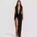 Fongt Girls Wear A New Women's Wear Sexy Deep V Slit Pleated Long Skirt Black Dress