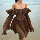 Chiffon Corset Dress Brown Flare Long Sleeve Mini Dresses Vacation Short Party Dress Ruffles Slash Neck Outfit-Outfit